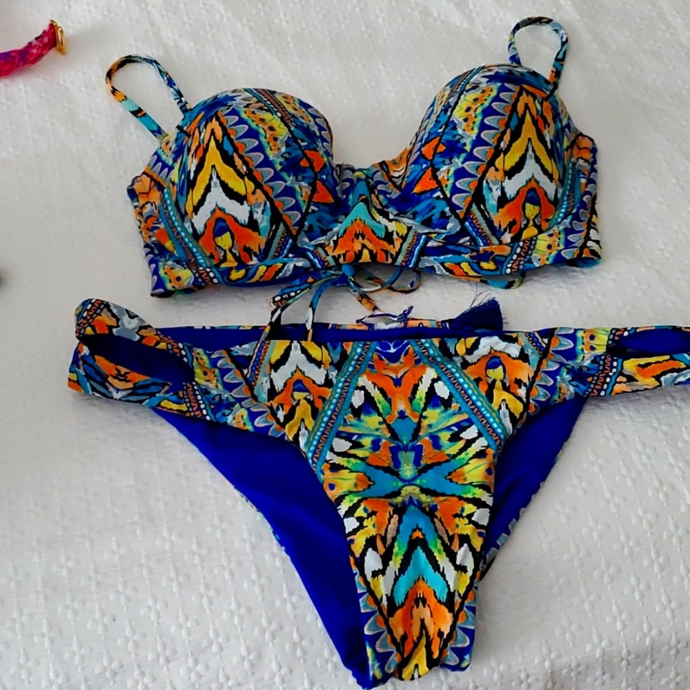 Adorable barIII  BIKINI.  Bohemian print yellow orange turquoise and blue.